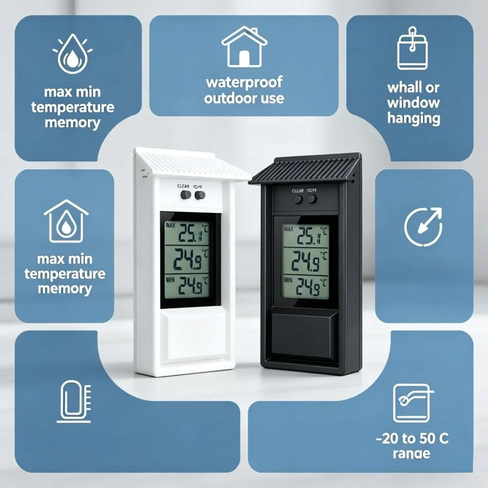 Waterproof Digital Thermometer Hygrometer Indoor Outdoor Temperature Humidity Meter With Min Max Memory LCD Display Sensor Tool