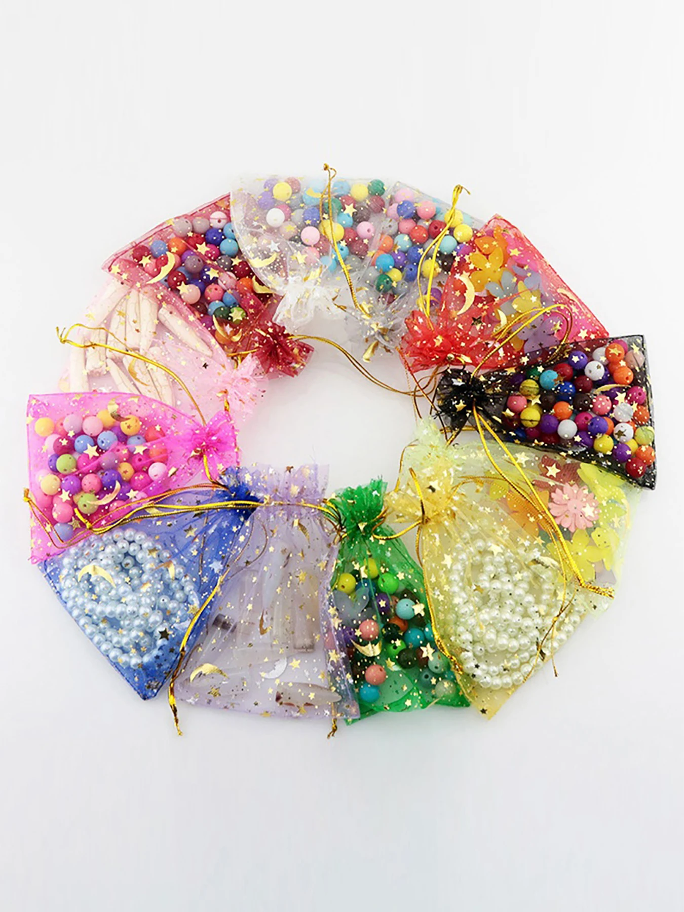 100 Stück Organzabeutel mit Mond und Sternen, Kordelzug, Schmuck, Geschenktüten, Beutel, goldene Stern-Organza-Geschenkbeutel für Weihnachten, Hochzeit – Detail 6