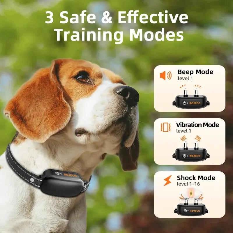 ROJECO Electric Dog Training Collar Digital Rechargeable Remote Control IPX7 Waterproof Vibrator Pet Dog Bark Stop Shock Collar