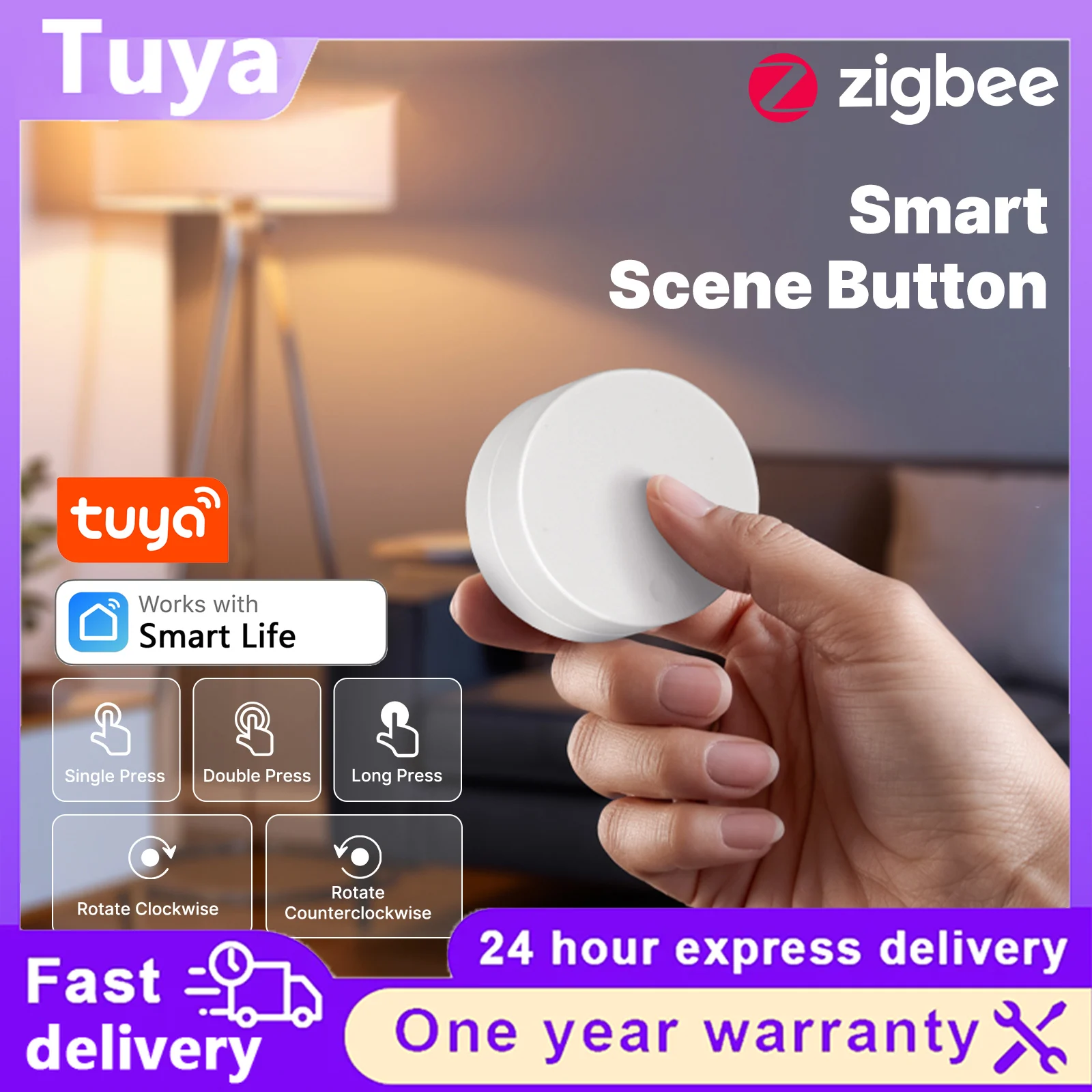 Wireless Tuya ZigBee Rotary Smart Scene Button 5‑Actions Controller Battery‑Powered SmartLife App Multi‑Scene Switch **Descript
