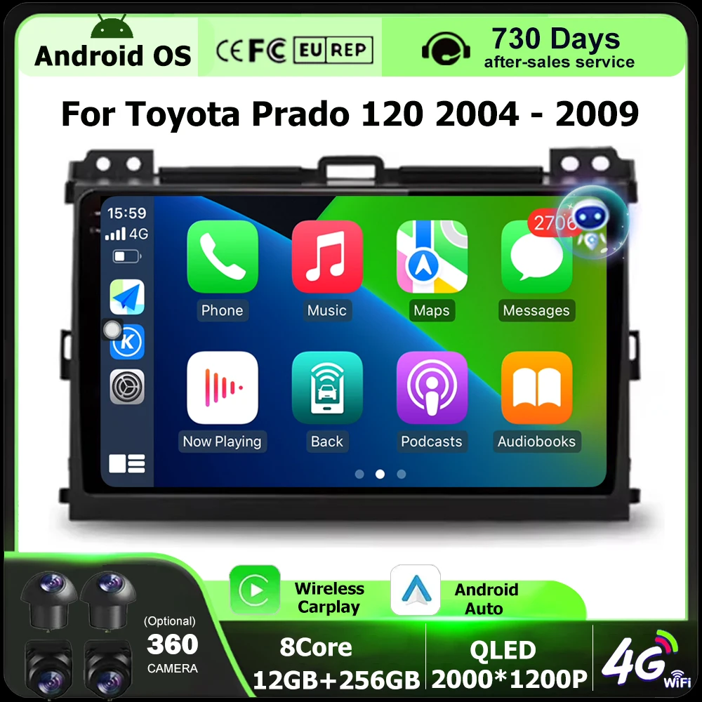 

Wireless CarPlay For Toyota Prado 120 2004 - 2009 Android Auto Car Radio Multimedia Video Player GPS Navigation 4G BT 9'' Screen