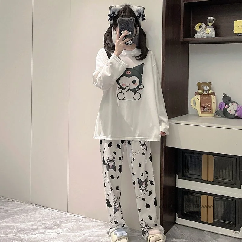 Sanrio Kuromi New Pure Cotton Round Neck Cartoon Sleepwear Cute Sweet Long Sleeve Pajamas Korean Style Loose Casual Home Clothes