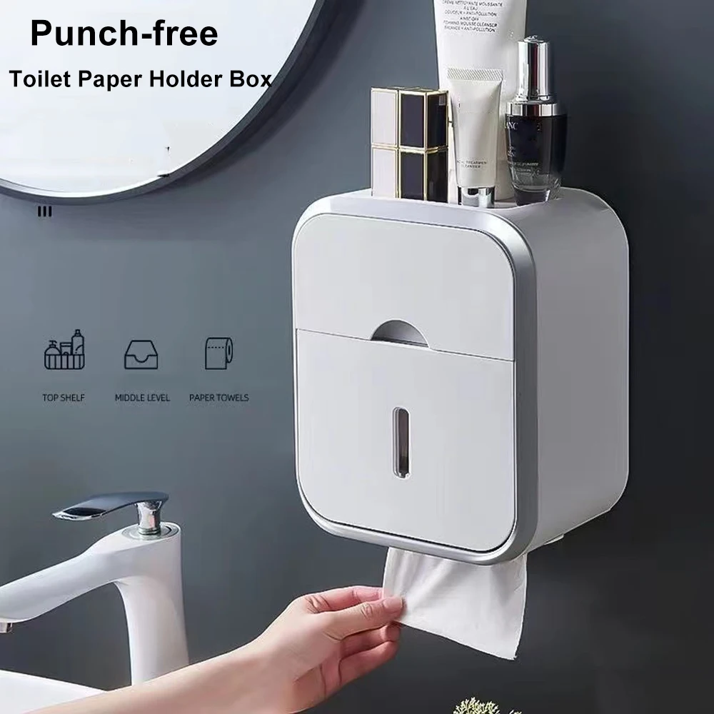 Wall Mounted Toilet Paper Organizer, Punch-Free Roll Paper Storage Box, Waterproof, High Capacity, Dust-Proof, Home Supplies