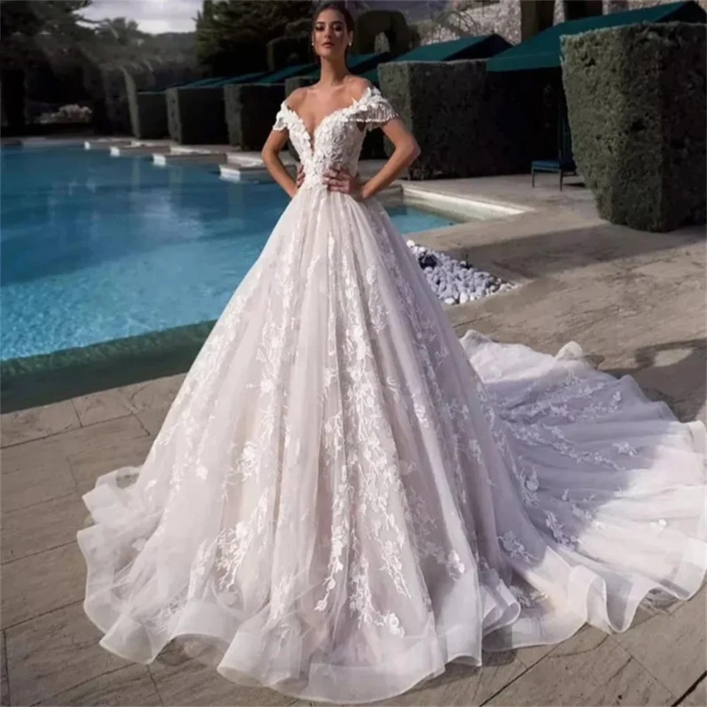 

KSDN Luxury Wedding Dress Off the Shoulder Appliques Draped Royal Train V-Neck Sleeveless Elegant Women فستان حفلات الزفاف 2024