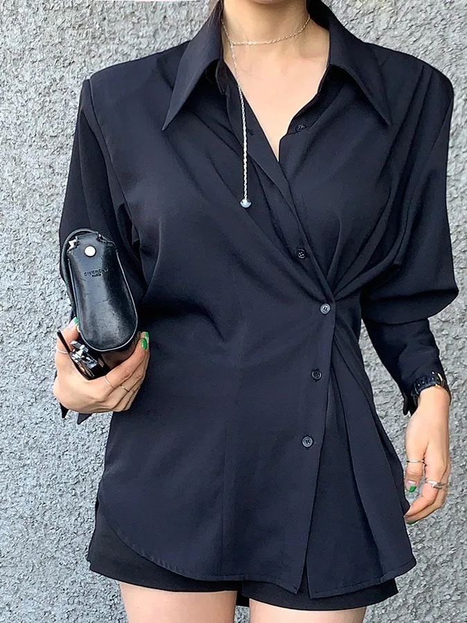 Chic Retro White irt Colletto a bottone singolo da donna Ele Aosphere Coreano Sle Vita stretta Top lungo per ragazze Sve