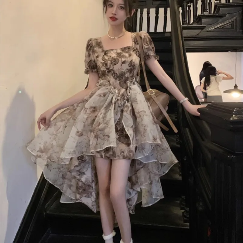 

Retro Rose Floral Square Collar Dress for Women Temperament Waist-Controlled Mesh Patchwork Skirt Puff Short