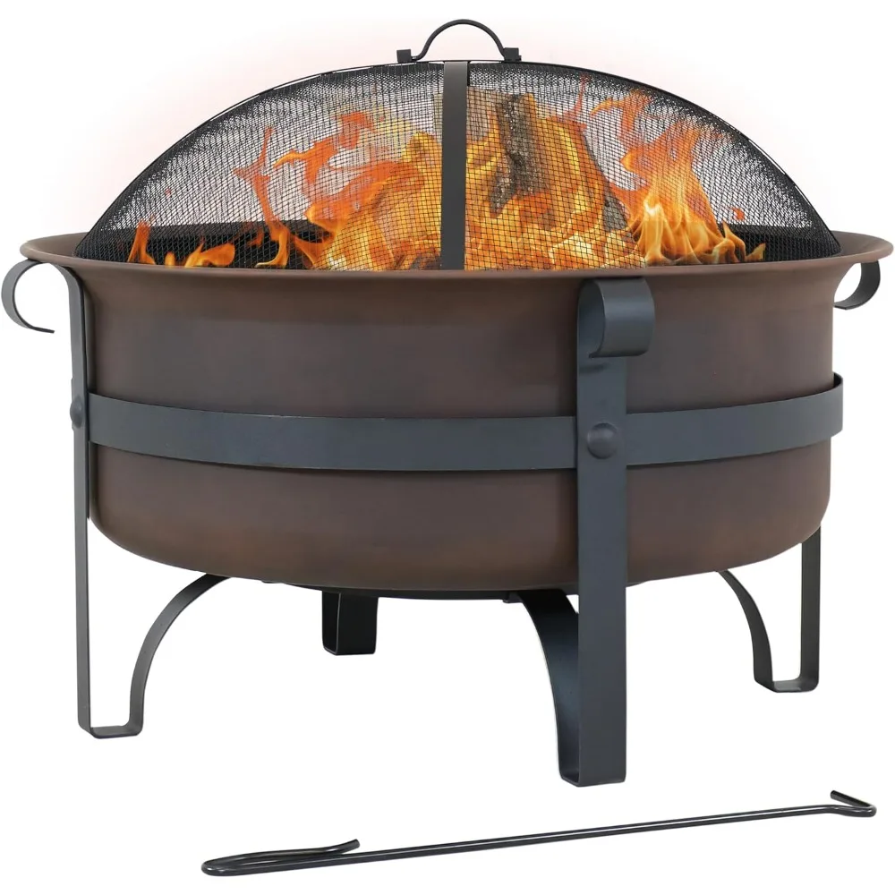 Sunnydaze 29-Inch Cauldron Wood-Burning Outdoor Fire Pit for Patio and Backyard - Round Steel Outside Firepit Bowl with Cover