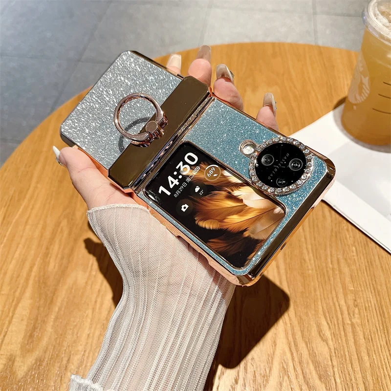Phone Case For OPPO Find N3 Flip Rhinestone Camera Edge Glitter Trim With Ring Electroplated Plastic Back Cover