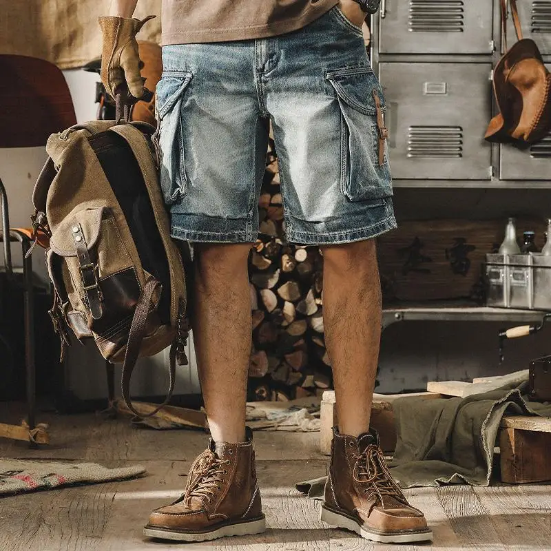 Summer Luxury Denim Jeans Men\'s Knee-Length Casual Loose Retro Motorcycle Cargo Shorts Short Jeans Luxury Cowboy Pants for Men