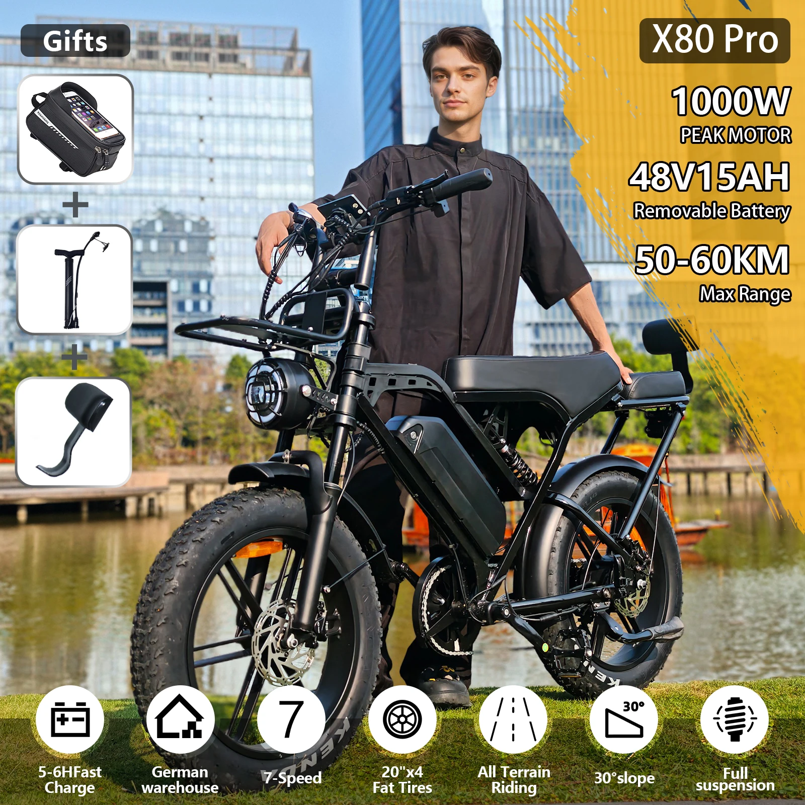 

X80Pro Adult Electric Bike, Urban Commuting Electric Bike | 1000W Motor and 48V/15Ah Battery, Range 50-60km | 20-inch Wide Tires, 7-Speed ​​Drive, Dual Suspension, Hydraulic Brakes | Off-Road Mountain Electric Bike
