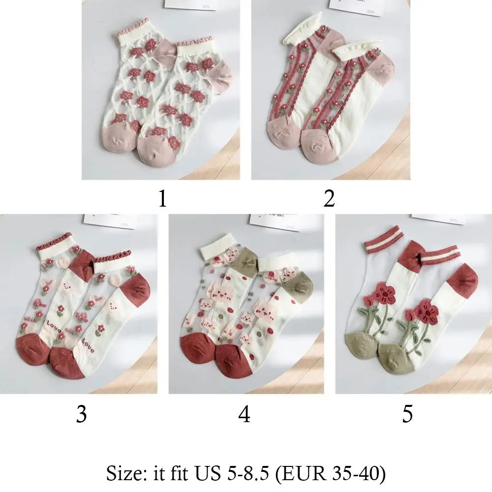 1 คู่ถุงเท้าผ้าไหมน้ําแข็งบางโปร่งใสน้ําหนักเบาถุงเท้าข้อเท้ากันลื่นระบายอากาศได้บางเฉียบดอกไม้พิมพ์ถุงเท้าสั้น