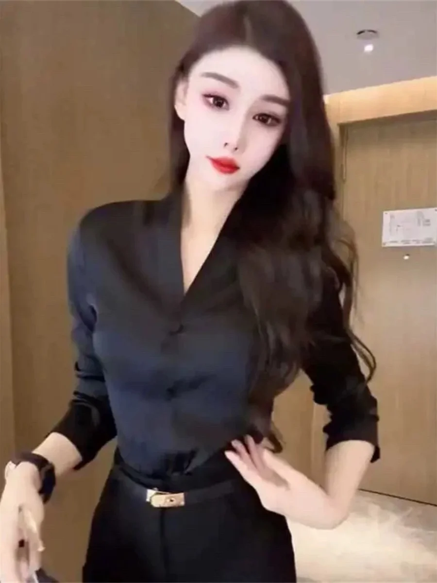 

Slim Fit Long Sve V-Ne irt Profional Clean Sle Spring Autumn New Arrival Ele Busin Casual Women's Top