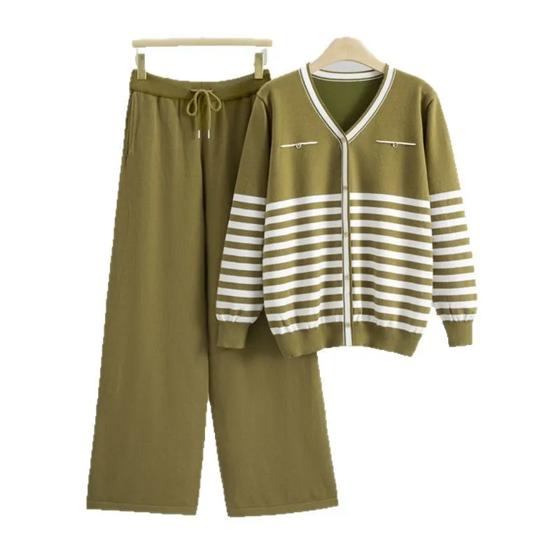 Primavera outono de malha 2 peça define feminino com decote em v listrado causal cardigan topo coreano solto cintura alta calças retas outfit novo b668