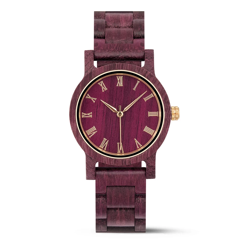 

Female Casual Wristwatch Handcrafted Wood Round Dial Vintage Roman Numerals Streamlined Pointer Wooden Watch