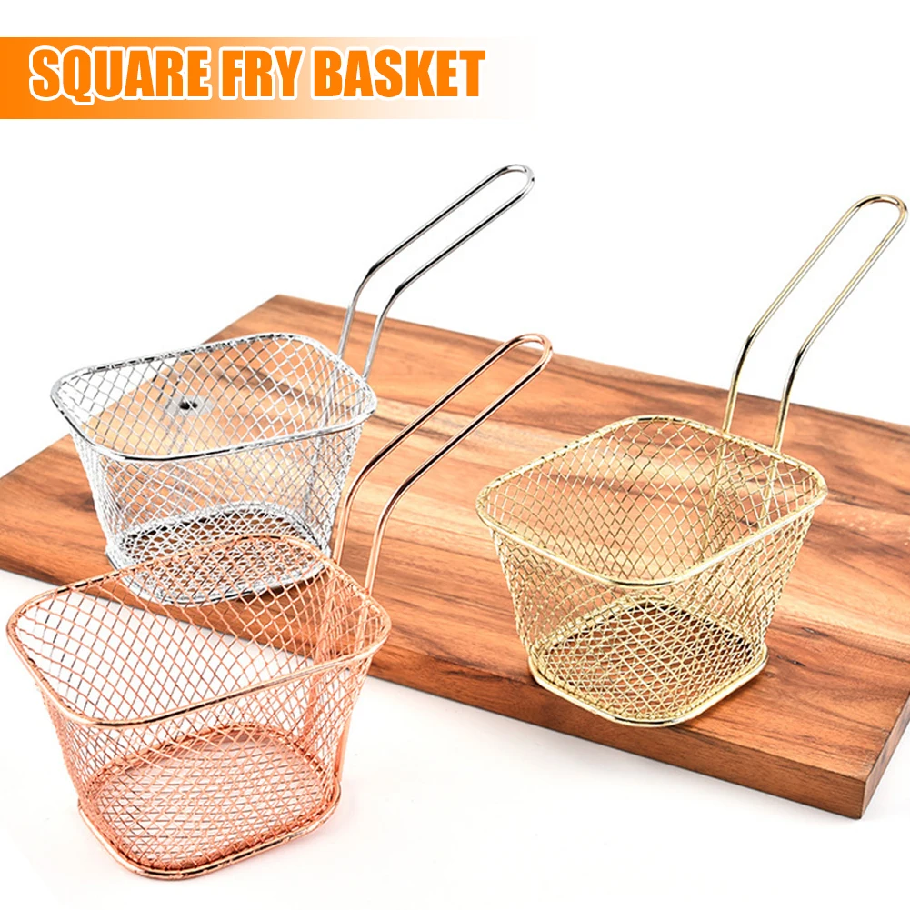 Mini Square Fry Basket Metal French Fries Chips Holder with Handle Desk Food Presentation Mesh Basket Kitchen Accessories Tools