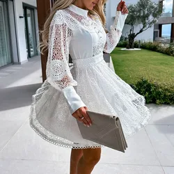 Women 2023 Elegant Solid Embroidered Lace Party Dress Summer Fashion Long Sleeve A-Line Dress Ladies Casual O-Neck Button Dress