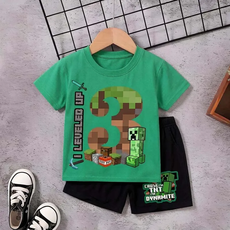

Pixel Block Creeper Print T-shirt 2pcs for Kids Summer Cotton Short Sleeve Boys Girls Casual Children's Top Bottom Clothes Set