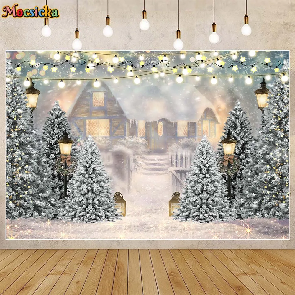 

Mocsicka Winter Backdrop Snow House Pine Tree Lights Snowflake Outdoor Child Photography Background Photo Studio Photocall Props