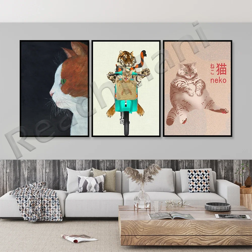 Tiger and Cat on a Motorcycle. Art Print. Printable Poster, Instant Digital Download, Nursery , Modern Minimalist,