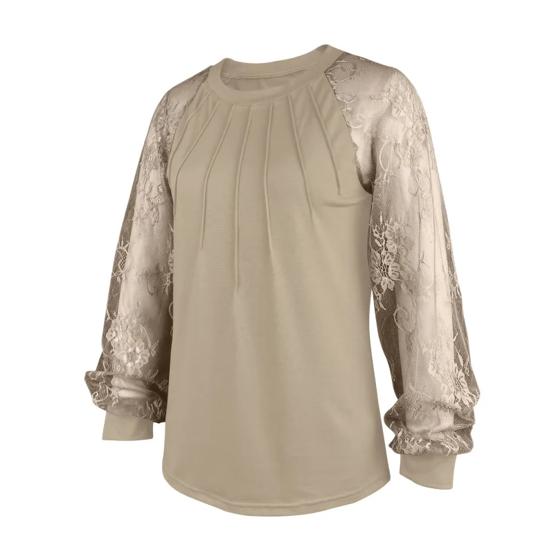 Spring/Summer Women's Solid Color Sleeve Lace Semi-Sheer Pullover Long Sleeve Crew Neck Ribbed Long Sleeve Women's-Shirt Women