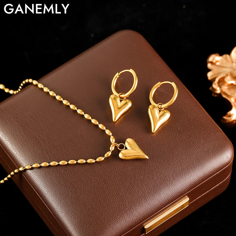 GANEMLY 316L Stainless Steel Handmade Polished Heart Love Necklace Dangle Fashion Earrings Women Charm Gold Color Jewelry Set