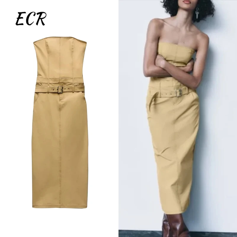 

ECR Solid Patchwork Belt Slimming Dresses For Women Strapless Sleeveless High Waist Chic Slimming Dress Female Fashion Style New