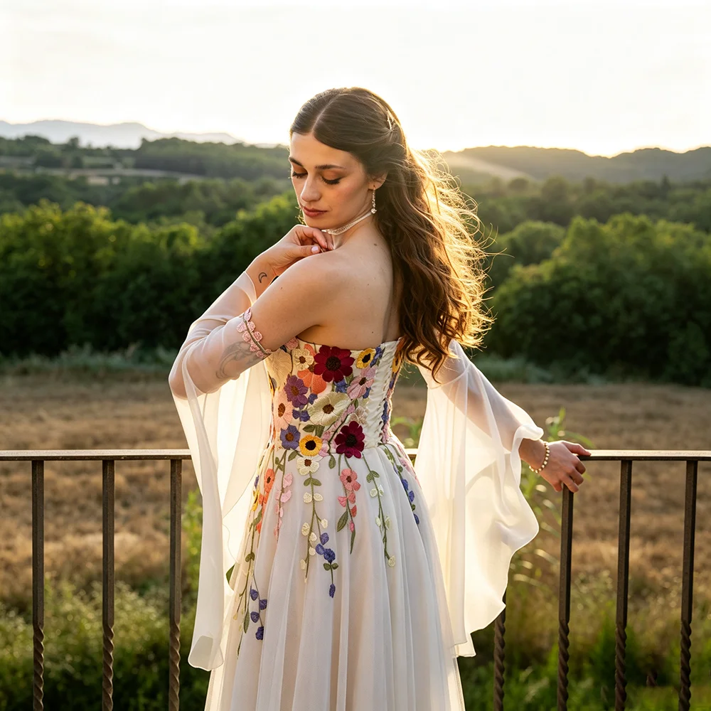 Embroidered 3D Colorful Flowers Long Flare Bell Sleeves Bridal Gown Off Shoulder Customized Fairytale A Line Tulle Wedding Dress