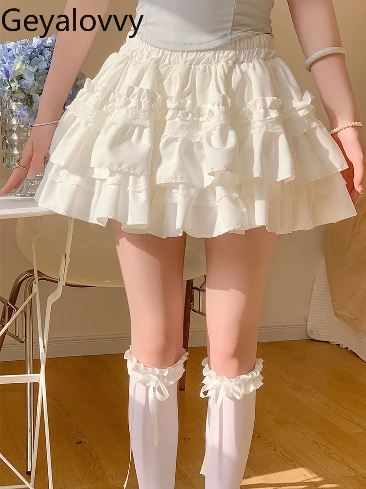 

Solid Color Lace Cake Fluffy Short Skirt Summer New Women's Versatile Sweet Elastic High Waist Anti-light Mini A- Line Skirts