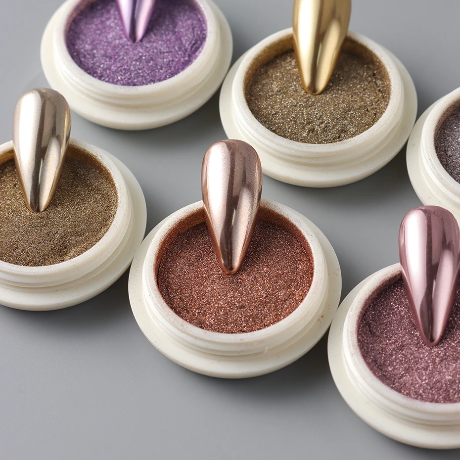 6 uds. De polvo cromado para uñas, oro brillante, oro rosa, cobre antiguo, brillo para frotar, pigmento, escamas, polvo cromado metálico para uñas