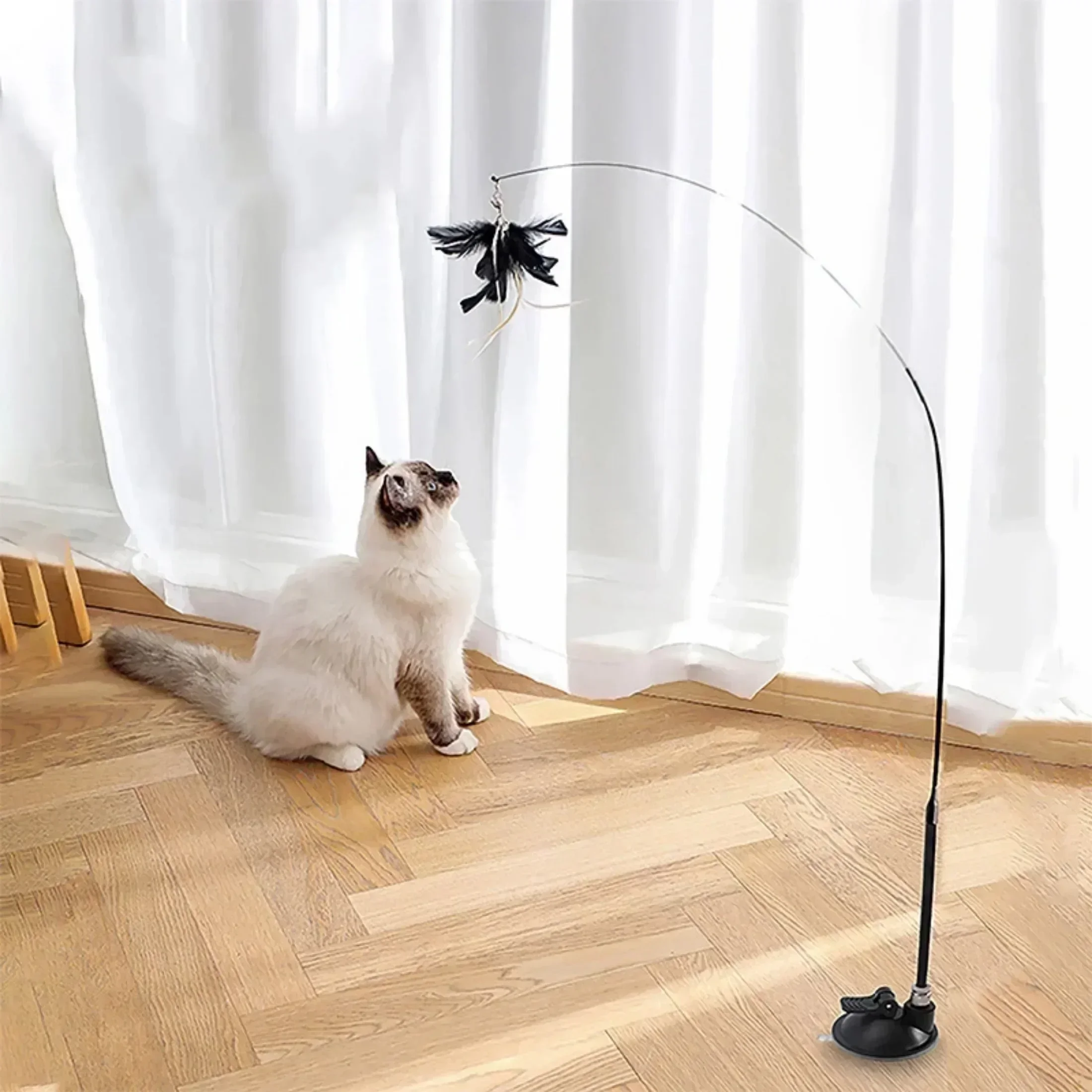 Interactive Cat Toy Funny Cat Stick Toy Playing Teaser Wand with Suction Cup Simulation Feather with Bell Self-hi Cat Toys