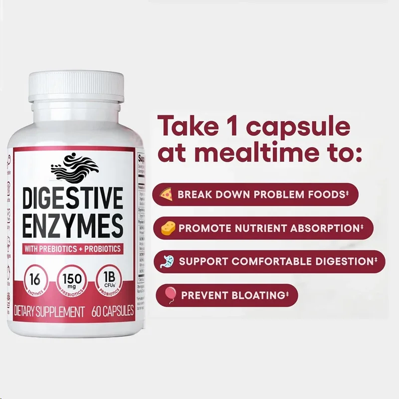 Digestive Enzymes, Organic Prebiotics, And Probiotics Promote Digestive And Intestinal , Relieve Bloating With 60 Capsules