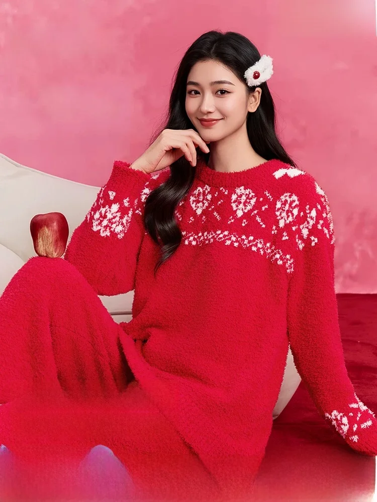 sanfu-femme-hiver-spwear-doux-f-velours-brode-luy-annee-rouge-ensemble-moelleux-toucher-maison-vetements-longue-sve-rond-ne