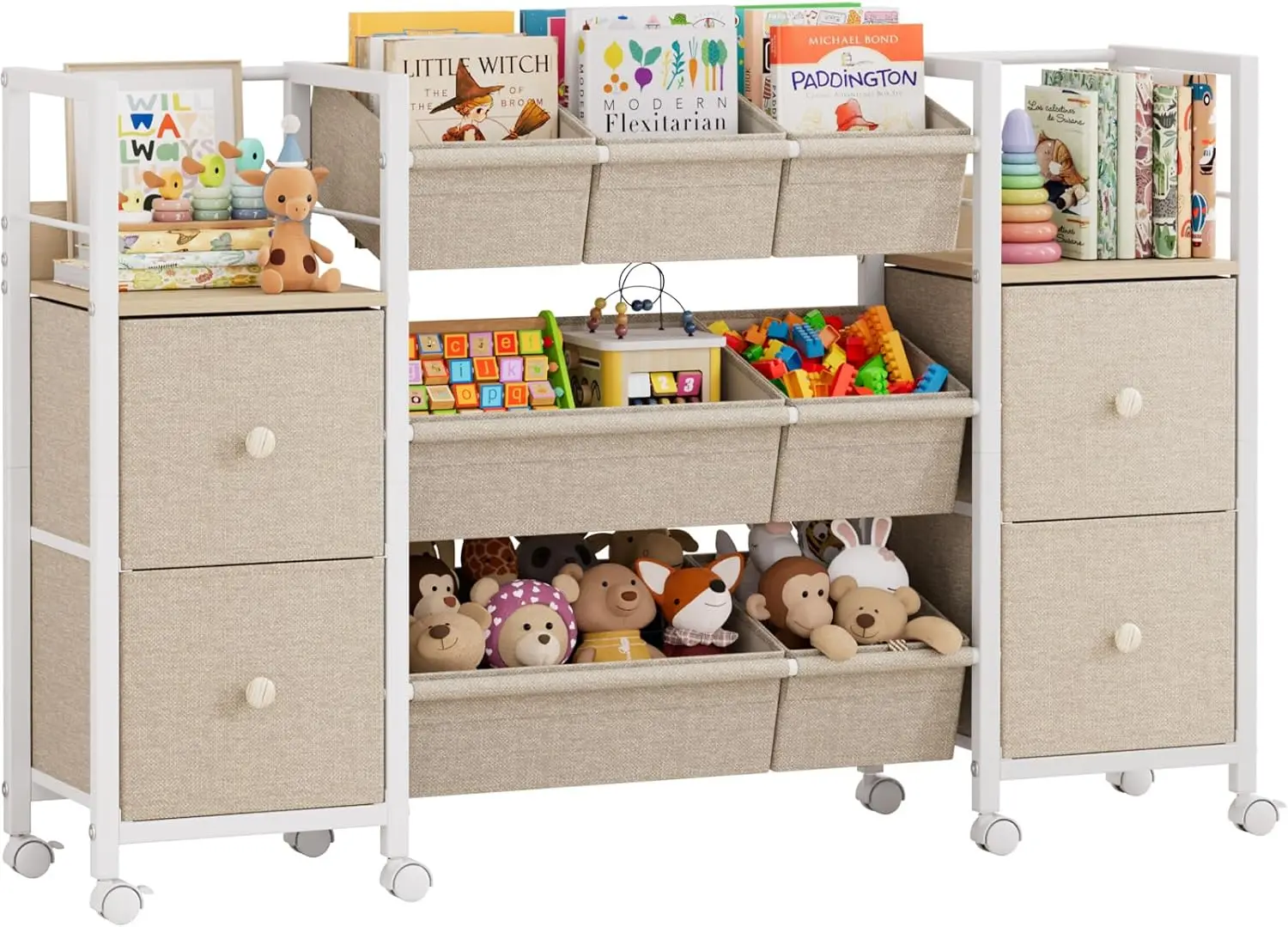 

Kids Toy Organizer with 7 Bins, 4 Drawers & 2 Bookshelves - Mobile Storage Cart for Toys, Clothes, Blankets, Books - Off White