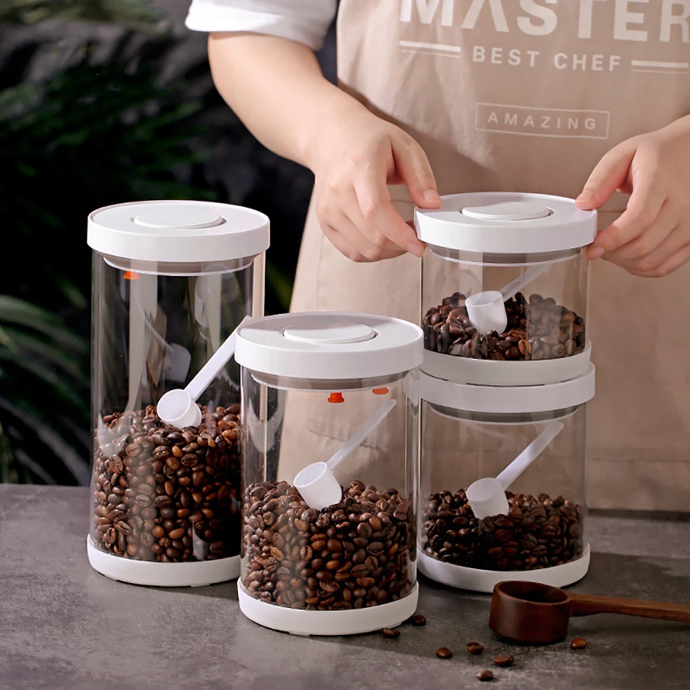 Coffee Beans Storage Press with Cover Glass Airtight Canister Food Container Kitchen Tea Bottles Jar Sealed Grounds Candy Jars