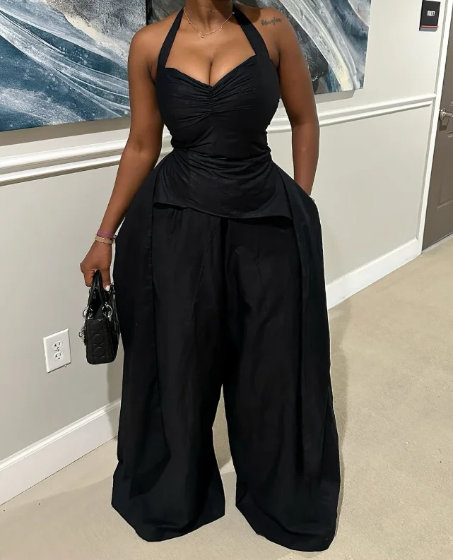 Sexy Women's Long Jumpsuits Summer New Fashion Personalized Street V-Neck Sleeveless High Waist Ribbon Jumpsuit for Women Wear