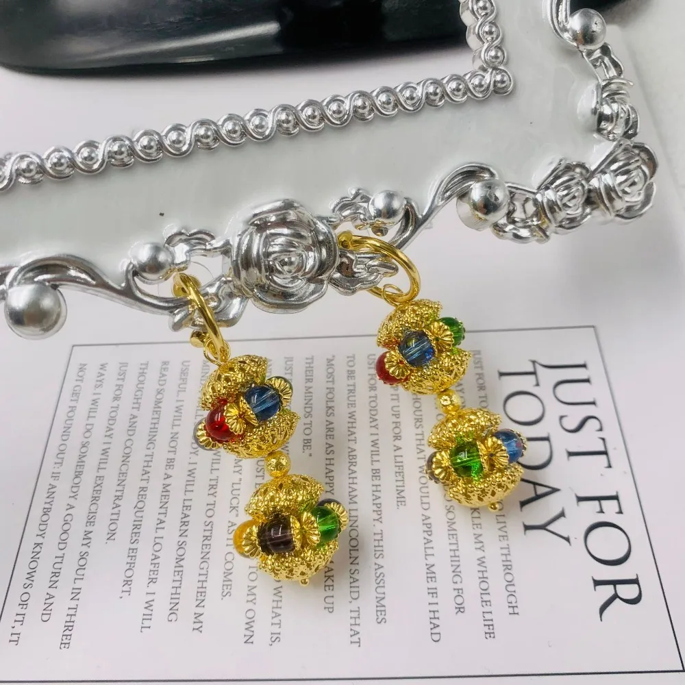Ethnic Court Style Classic Vintage Plated Rainbow Glass Bead Lantern Pendant Fishhook Earrings for Women Statement Earrings