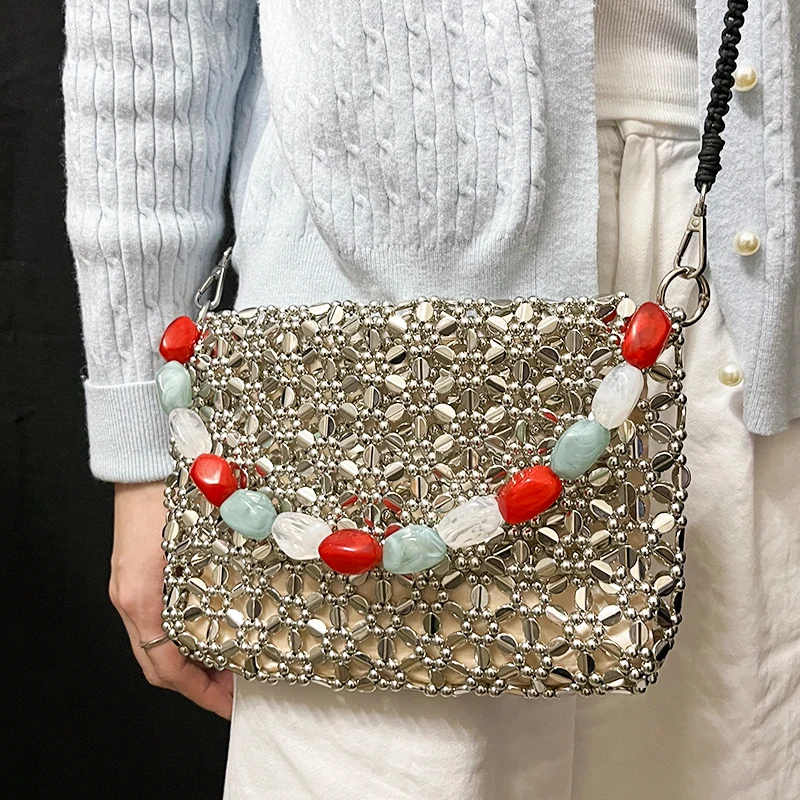 2025 new retro silver hand woven bead acrylic small square bag with long shoulder strap, mobile phone crossbody bag