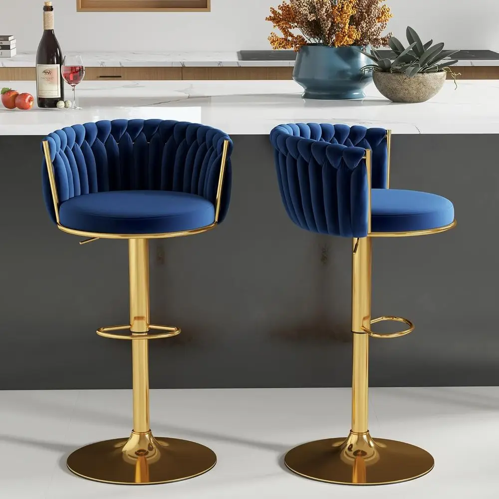 

Set of 2 Velvet Swivel Bar Stools with Adjustable Height and Upholstered Backrest, Blue Luxury Counter Stools for Kitchen, Pub