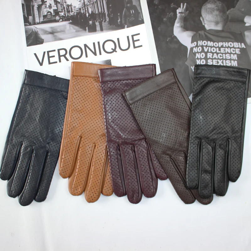 Guantes de conducción de piel de oveja para hombre, de alta calidad, pantalla táctil, seda transpirable, malla de moda, cuero versátil, guantes de