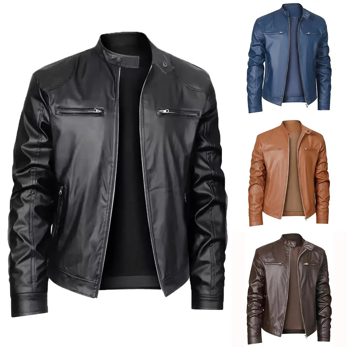 

Men's Stand Collar Leather Jaet with Leather Chain Busin Casual Long Zipper Coat for Men Spring Faion