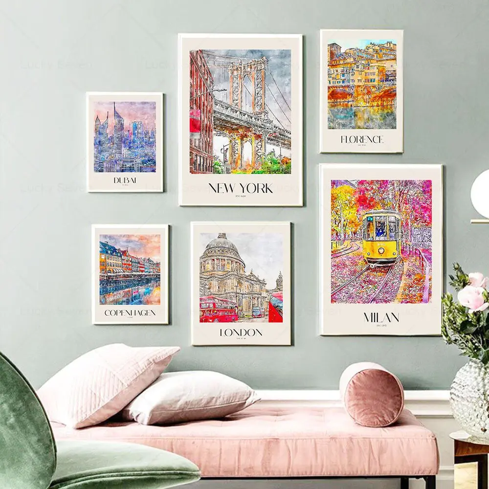 Landscape City Travel Print New York London Milan Florence Dubai Barcelona Copenhagen Amsterdam Canvas Poster Home Wall ArtDecor