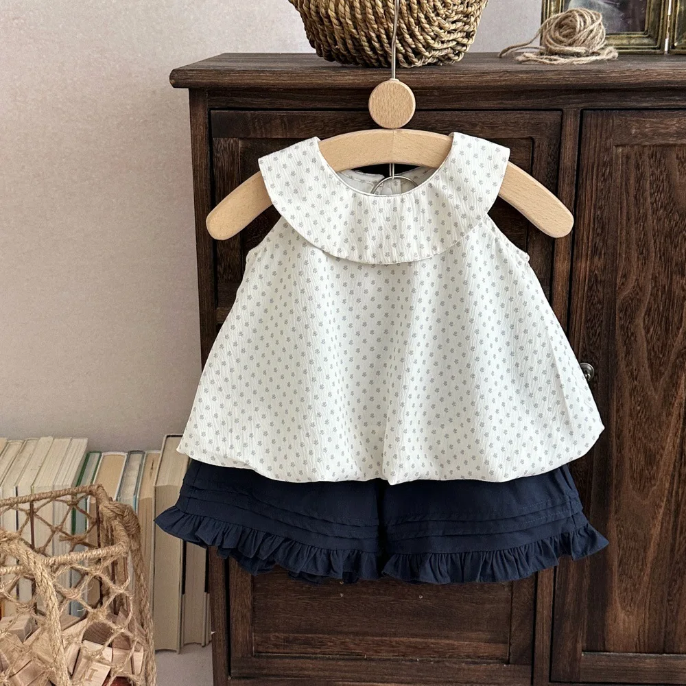 2026 Summer New Girls Sleeveless Floral Shirts Cute Sweet Baby Girl Ruffle Collar Blouse Thin Cotton Infant Toddler Clothes