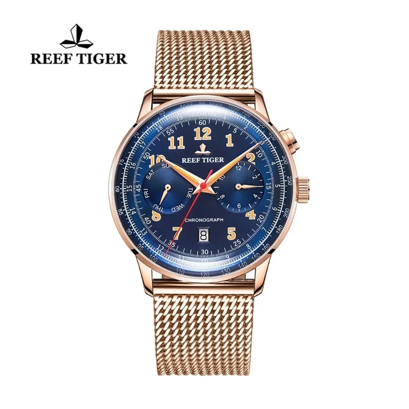 Reef Tiger/RT Top Brand Men Automatic Mechanical Watches Rose Gold Multi Function Date Calendar Waterproof Watch Bracelet Watch