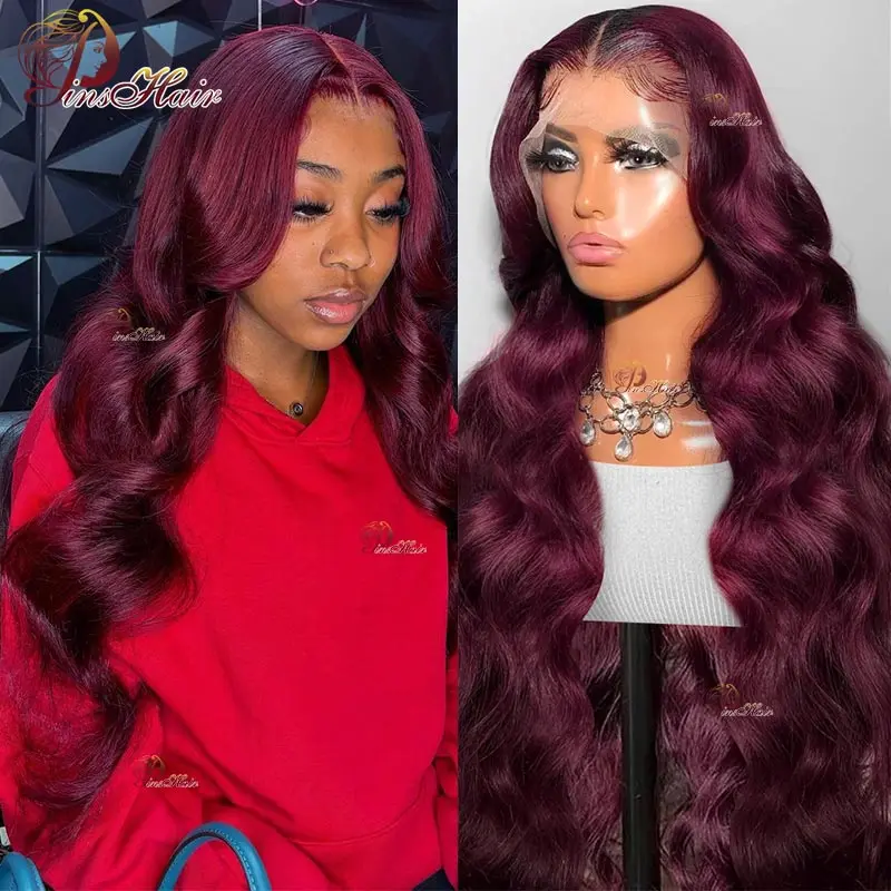 

13x4 Transparent Body Wave Burgundy 99J Lace Frontal Human Hair Wigs 30 Inch Red 99J Color Lace Front Wig PrePlucked For Women