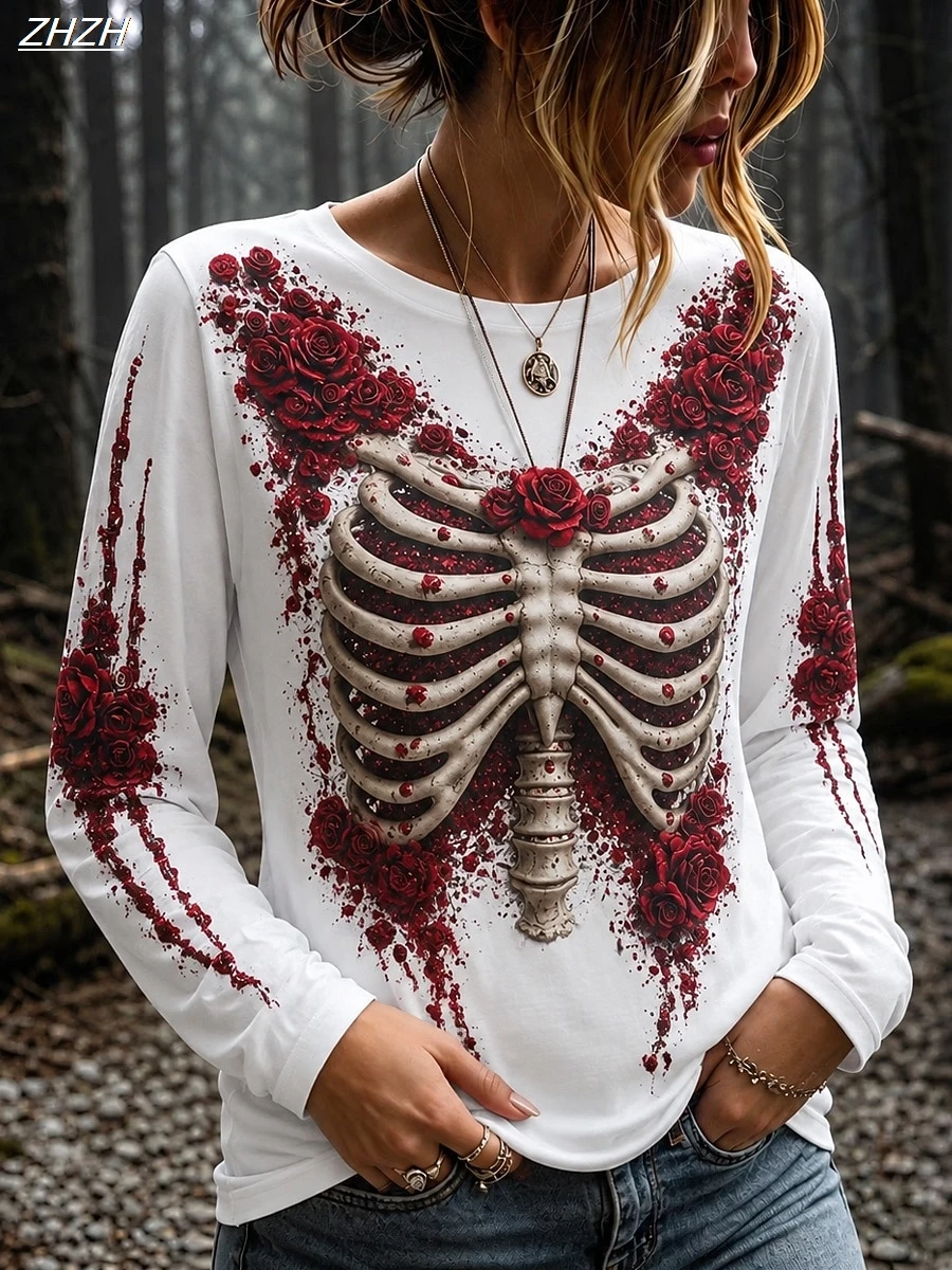 Halloween Women's T Shirt Print Graphic Skeleton Vintage Fashion Modern Long Sleeve Crew Neck Regular
