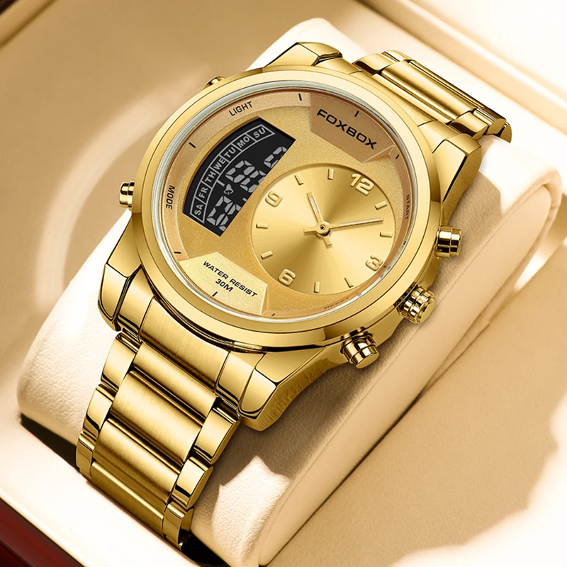 FOXBOX New Gold Quartz Wristwatch For Men Fashion Military Sport Waterproof Watch Men Top Brand Luxury Dual Display Watch Men
