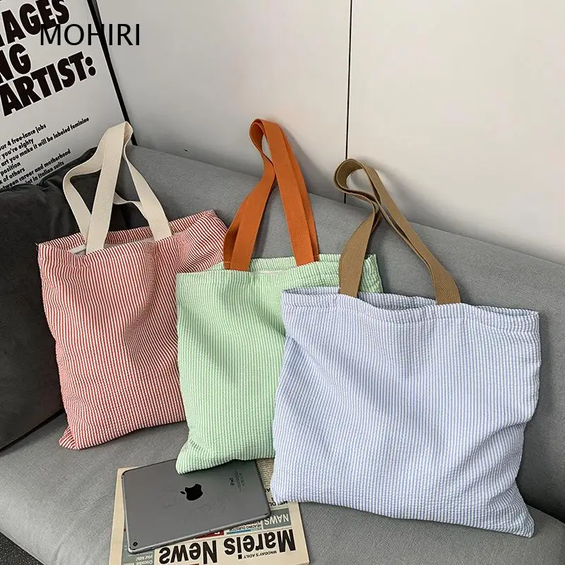 2026 Striped Color Block Canvas Tote Bag Casual Shoulder Bag Large Capacity Student Purse