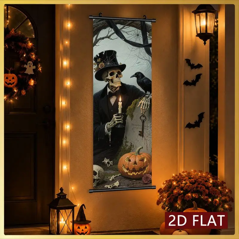 VIKAMA Halloween Skeleton Gentleman Wall Scroll Tapestry Gothic Skull Pumpkin Raven Poster Hanger Vertical Art for Party Decor