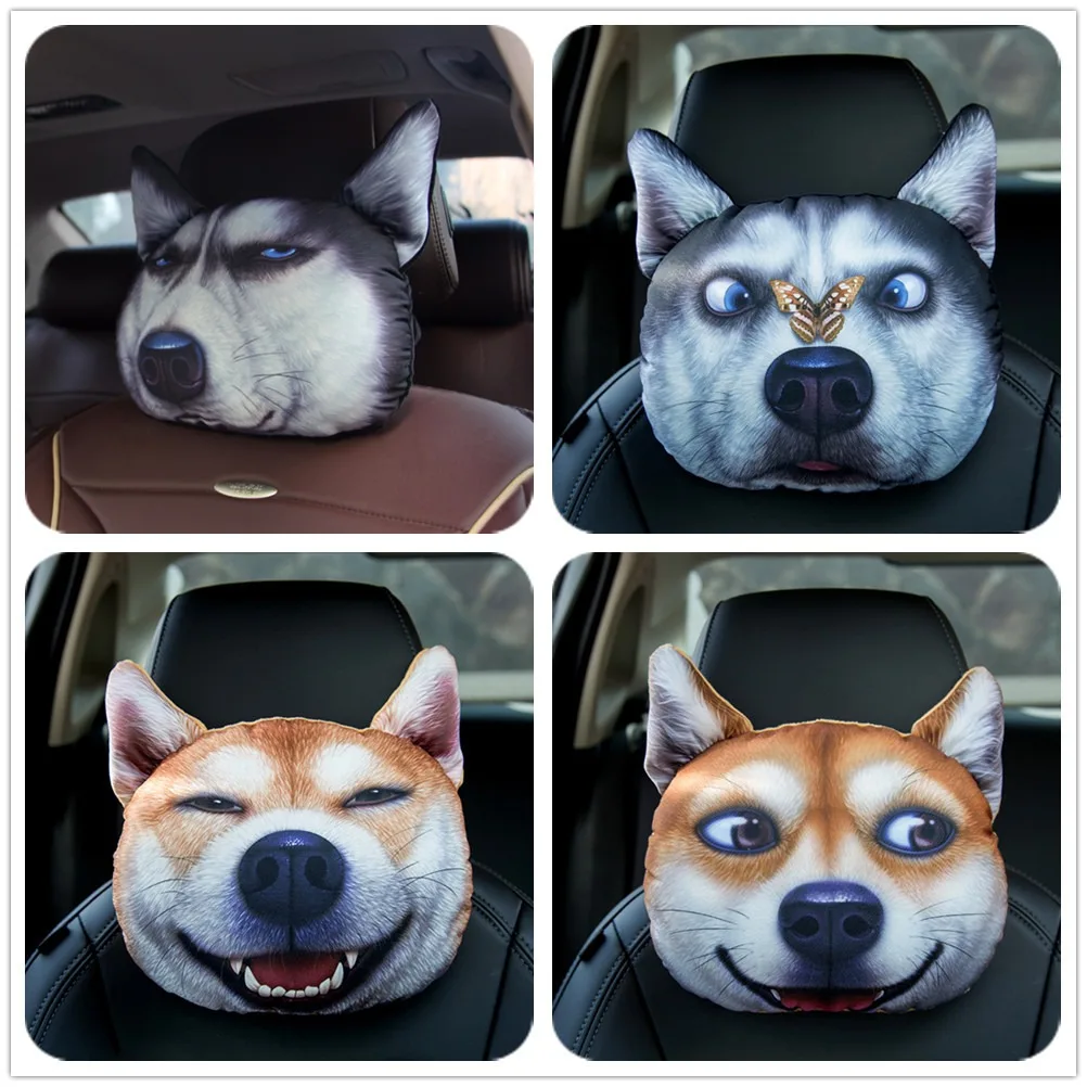 Car Seat Headrest Cartoon 3D Spoof Pet Dog Universal Comfortable Soft Plush Seat Headrest Travel Car Accessories