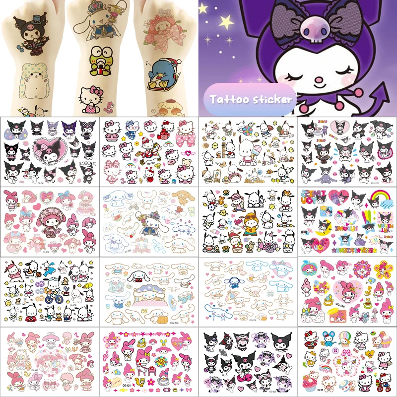 Sanrio Kuromi Hello Kitty Cat Tattoo Sticker Mymelody Tattoos Cinnamoroll Stickers Cosplay Decor Temporary Waterproof Art Tattoo